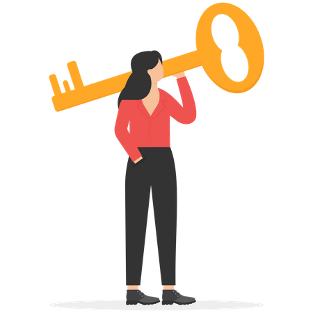 Businesswoman holding giant key on shoulder  Illustration