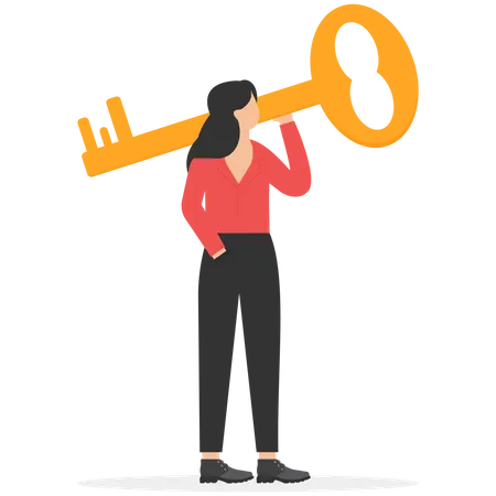 Businesswoman holding giant key on shoulder  Illustration