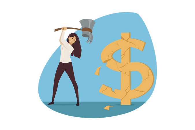 Businesswoman holding hammer and break dollar sign  Illustration