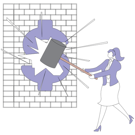 Businesswoman holding hammer breakthrough the wall  Illustration
