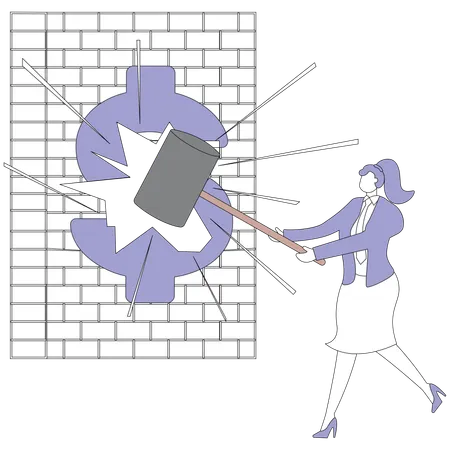 Businesswoman holding hammer breakthrough the wall  Illustration