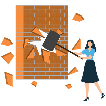Businesswoman holding  hammer breakthrough wall  Illustration