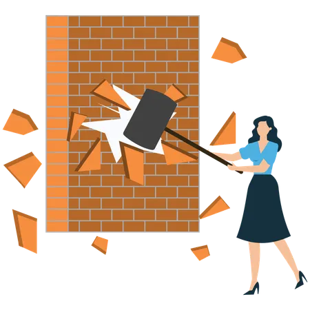 Businesswoman holding  hammer breakthrough wall  Illustration