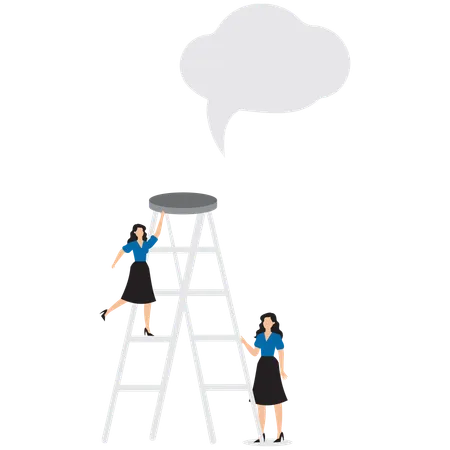 Businesswoman holding ladder and being able to accurately reach speech bubble  Illustration