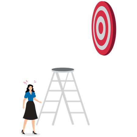 Businesswoman Holding Ladder to Reach High Round Arrow Target  Illustration