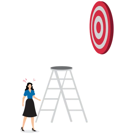 Businesswoman Holding Ladder to Reach High Round Arrow Target  Illustration