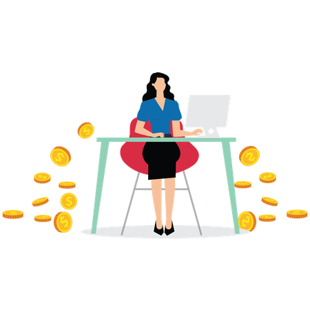 Businesswoman holding laptop and coins scattered around him  Illustration