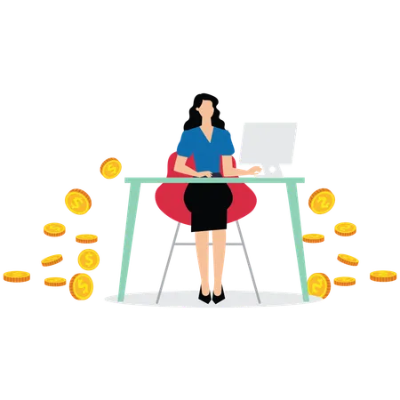 Businesswoman holding laptop and coins scattered around him  Illustration