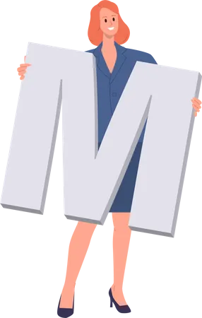 Business Woman Freelancer Executive Manager Or Office Worker Cartoon Character Holding Uppercase Letter M Symbol Standing Isolated On White Background Vector Illustration Of Female Businessperson Illustration