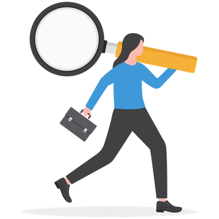 Businesswoman holding magnifying glass and briefcase in hands  Illustration