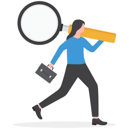 Investigation Or Research Job Businessman Holding Magnifying Glass And Briefcase In Hands Illustration