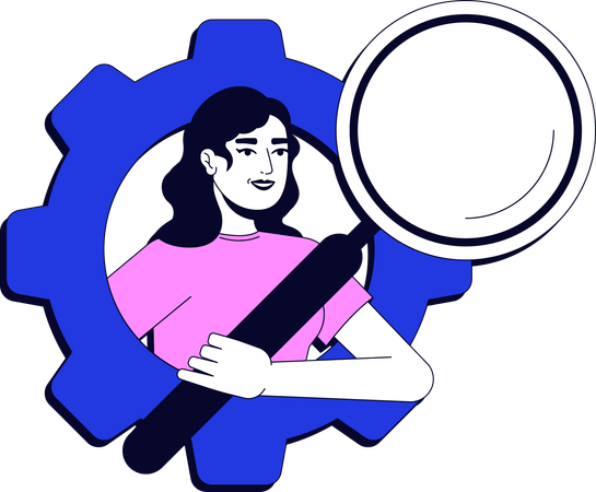Businesswoman holding magnifying glass inside gear  Illustration