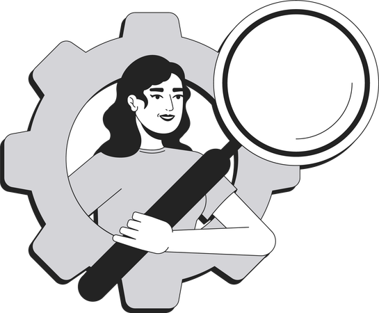 Businesswoman holding magnifying glass inside gear  Illustration