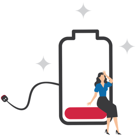 Businesswoman holding on to a battery whose power is almost empty  Illustration