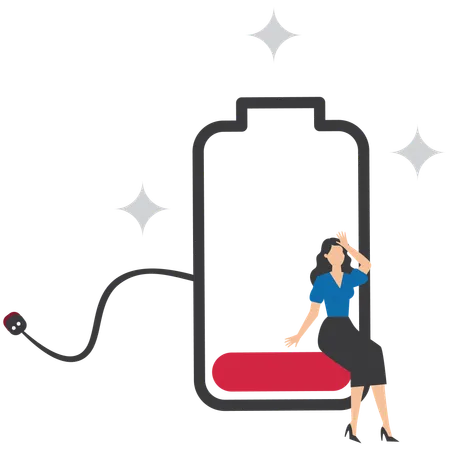 Businesswoman holding on to a battery whose power is almost empty  Illustration