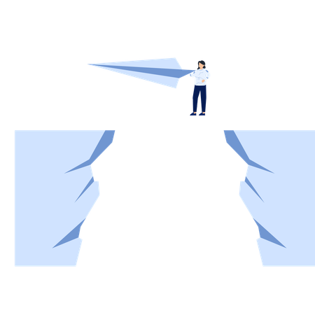 Businesswoman Holding Paper Airplane Over Gap  Illustration