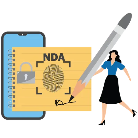 Businesswoman holding pen with NDA locked with document  Illustration