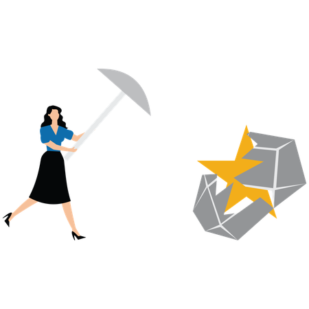 Businesswoman holding pickaxe to find star in stone  Illustration