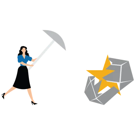 Businesswoman holding pickaxe to find star in stone  Illustration