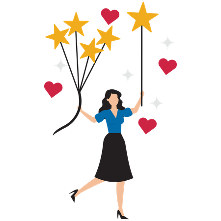 Businesswoman holding review and feedbacks balloons  Illustration