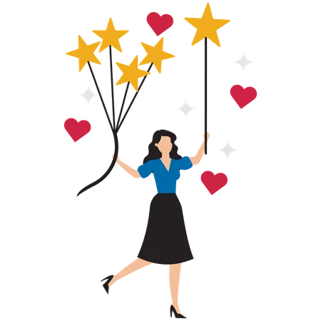 Businesswoman holding review and feedbacks balloons  Illustration