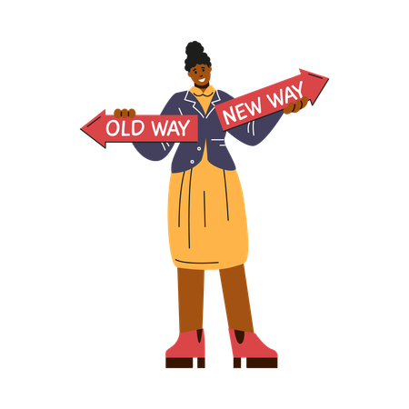 Businesswoman holding sign boards with old way and new way arrows  Illustration