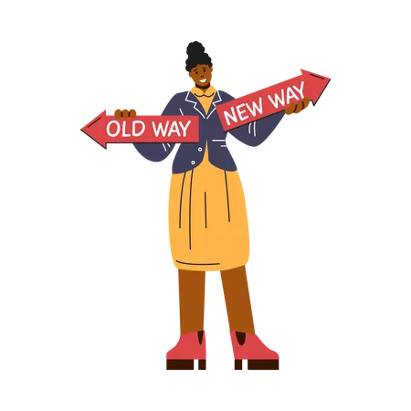 Businesswoman holding sign boards with old way and new way arrows  Illustration
