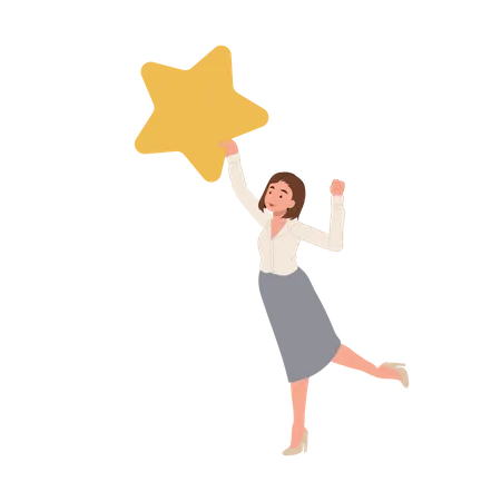 Businesswoman Jumps To Reach Out For The Star And Got It Happy Businesswoman Catched The Star Vector Illustration Illustration