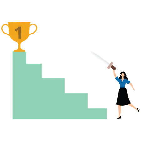 Businesswoman holding sword and pointing champion trophy at top of stairs  Illustration