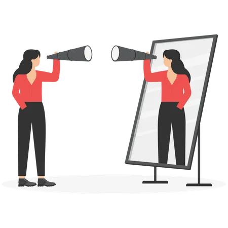 Businesswoman holding telescope and reflecting in mirror  Illustration