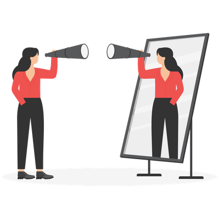 Businesswoman holding telescope and reflecting in mirror  Illustration