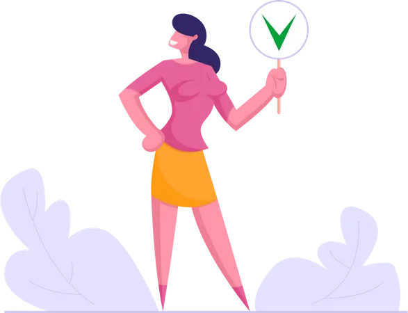 Businesswoman Hold Sign With Green Check Mark Yes Symbol Girl Agreed With Social Opinion Voting Election Politics Decision Public Relations Concept Woman Choice Cartoon Flat Vector Illustration Illustration