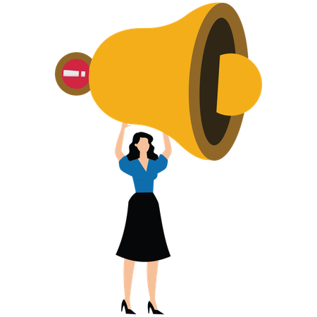 Businesswoman holding up big bell with red notification on it  Illustration