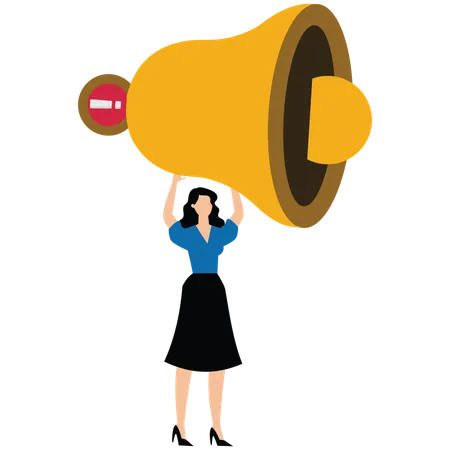 Businesswoman holding up big bell with red notification on it  Illustration