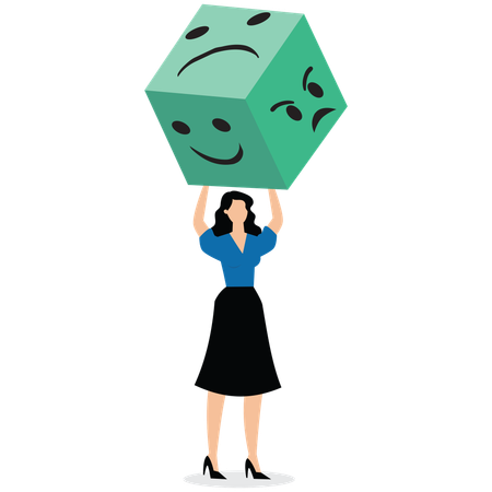 Businesswoman holding up dice in form of satisfied and angry faces  Illustration