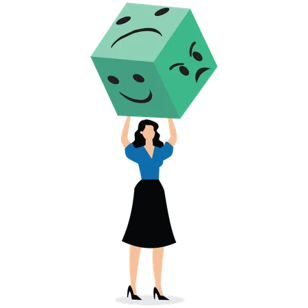 Businesswoman holding up dice in form of satisfied and angry faces  Illustration