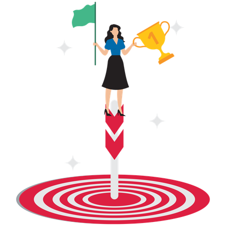 Businesswoman holding victory flag overcoming business challenge  Illustration