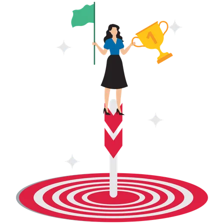 Businesswoman holding victory flag overcoming business challenge  Illustration