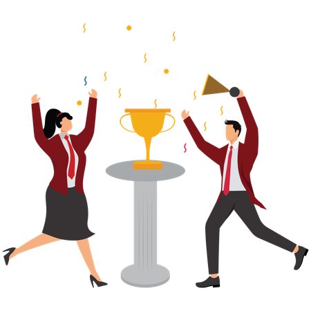 Businesswoman holding winning trophies with colleagues and employees celebrate success  Illustration