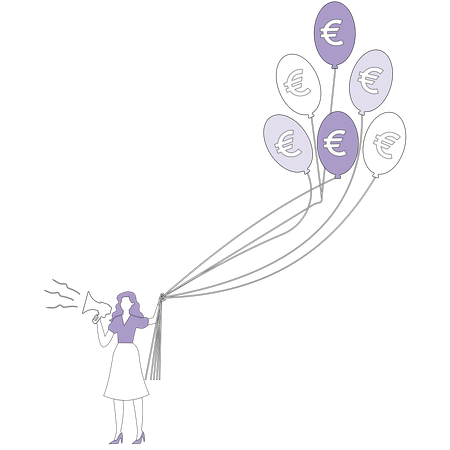 Businesswoman holds balloons stand with euro  Illustration