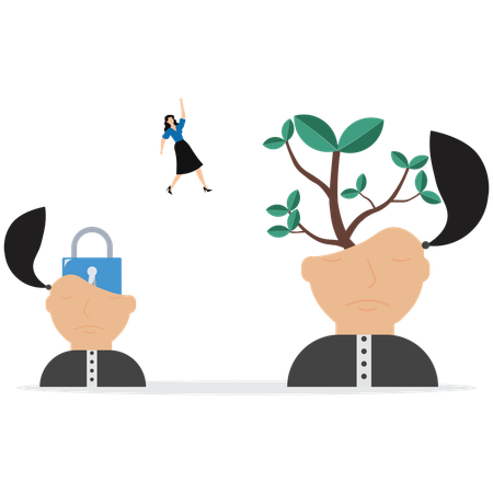 Businesswoman improve or develop ideas with jumping from move on different fixed mindset to growth mindset  Illustration