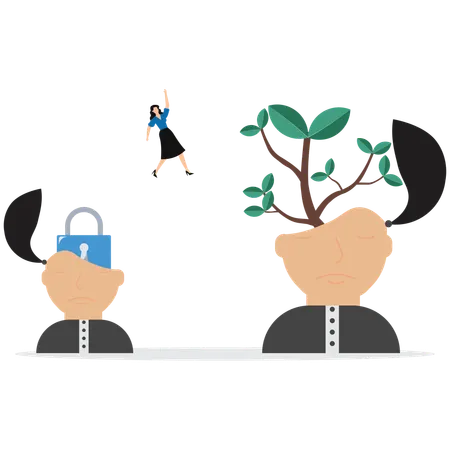 Businesswoman improve or develop ideas with jumping from move on different fixed mindset to growth mindset  Illustration