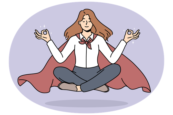 Businesswoman in cape meditate floating in air  Illustration