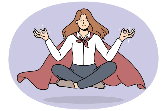 Businesswoman in cape meditate floating in air  Illustration