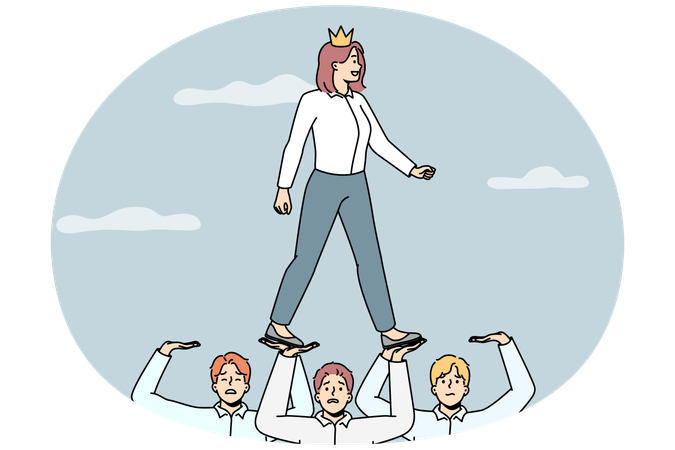 Businesswoman in crown walk on colleagues  Illustration