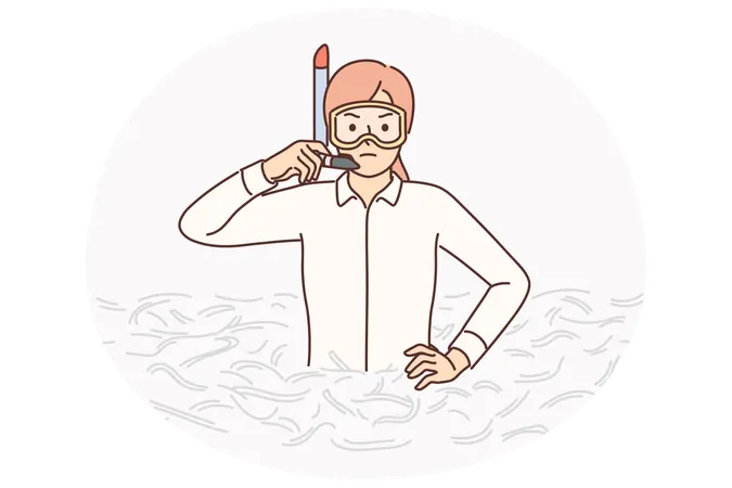 Businesswoman in diving mask stands in pile of paper for concept need for crisis management  Illustration