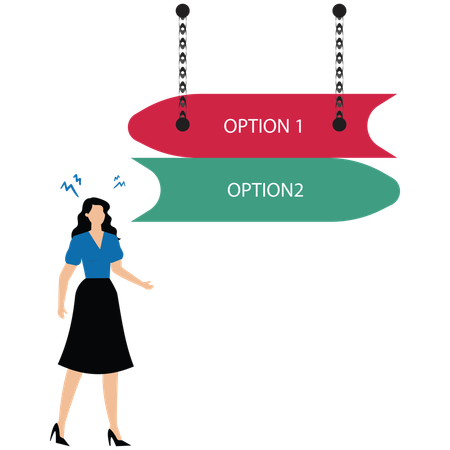 Businesswoman in doubt having to choose between different choices indicated by path pointing in opposite direction  Illustration