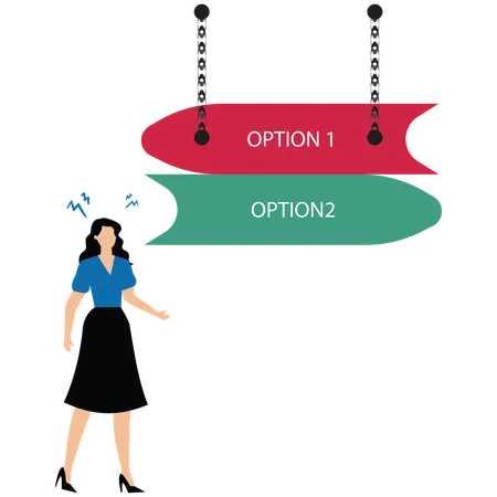 Businesswoman in doubt having to choose between different choices indicated by path pointing in opposite direction  Illustration