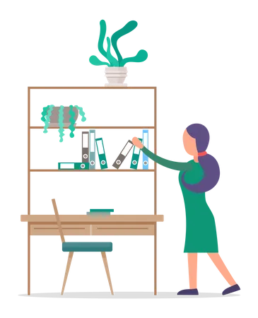 Workplace Of Woman Reaching For Books Or Files Isolated Female Character Teacher In School Or College Working Space Of Scientist Or Researcher Table And Chair With Plants Vector In Flat Style Illustration