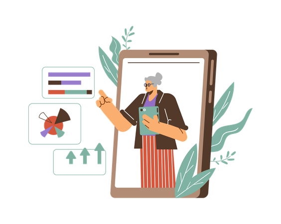 Businesswoman in tablet screen presenting statistics charts diagrams  Illustration